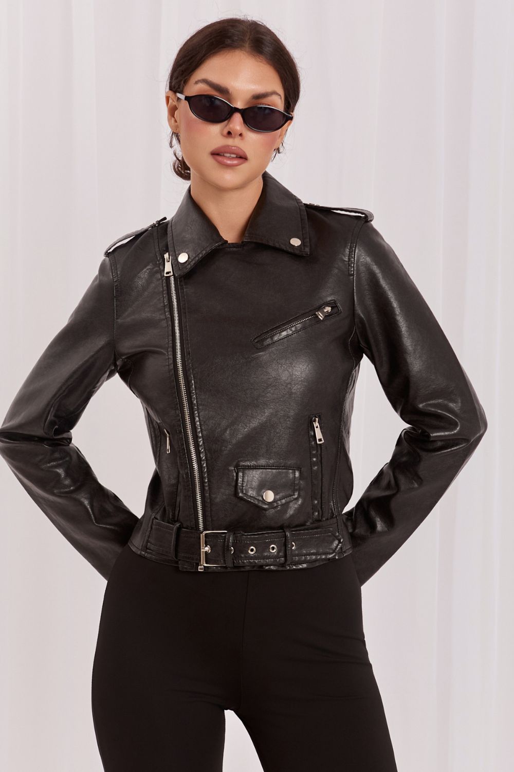 Italy Moda Black Polyurethane Faux Leather Zip Up Jacket - view 4