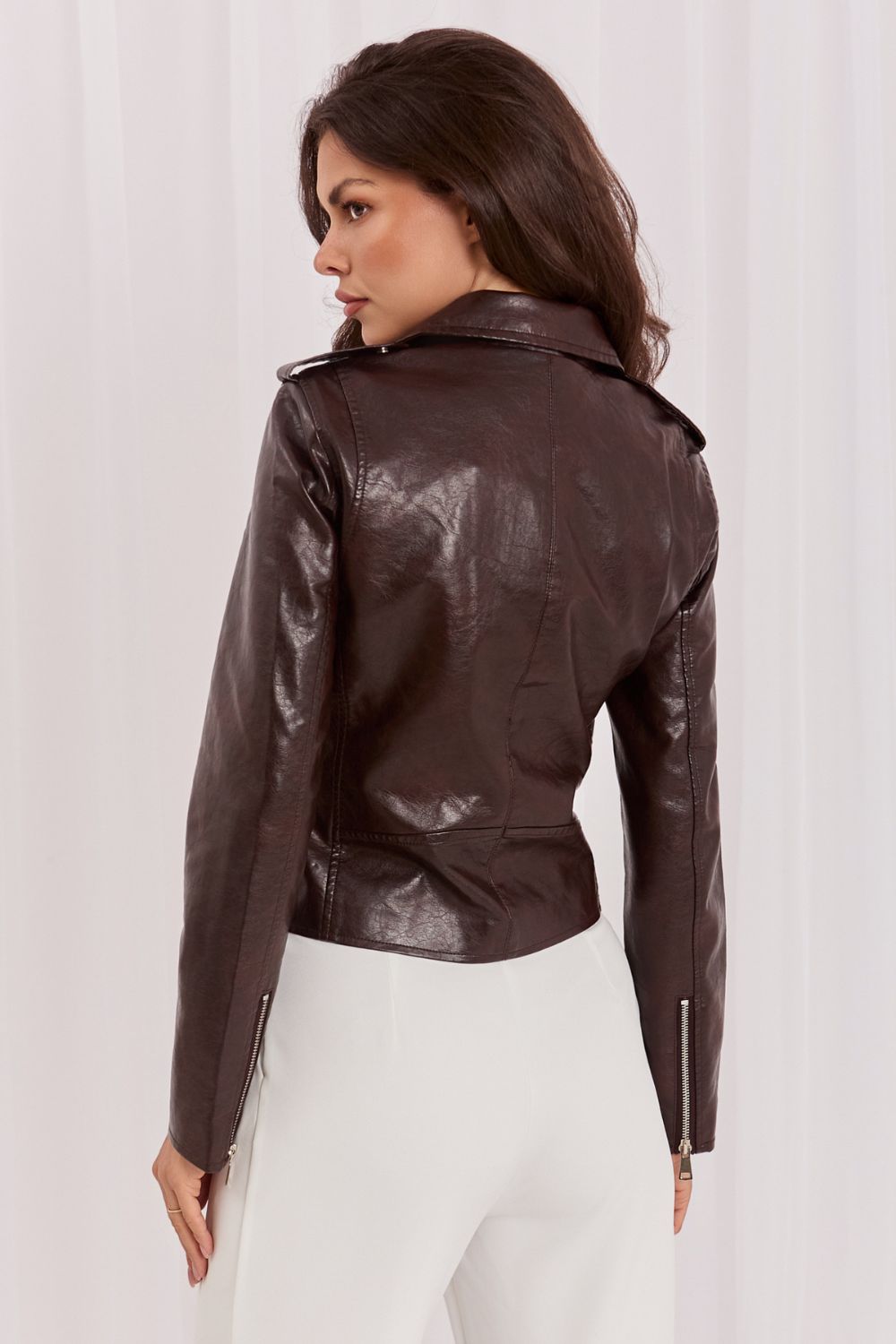 Italy Moda Dark Brown Collared Faux Leather Zip Up Jacket - view 3