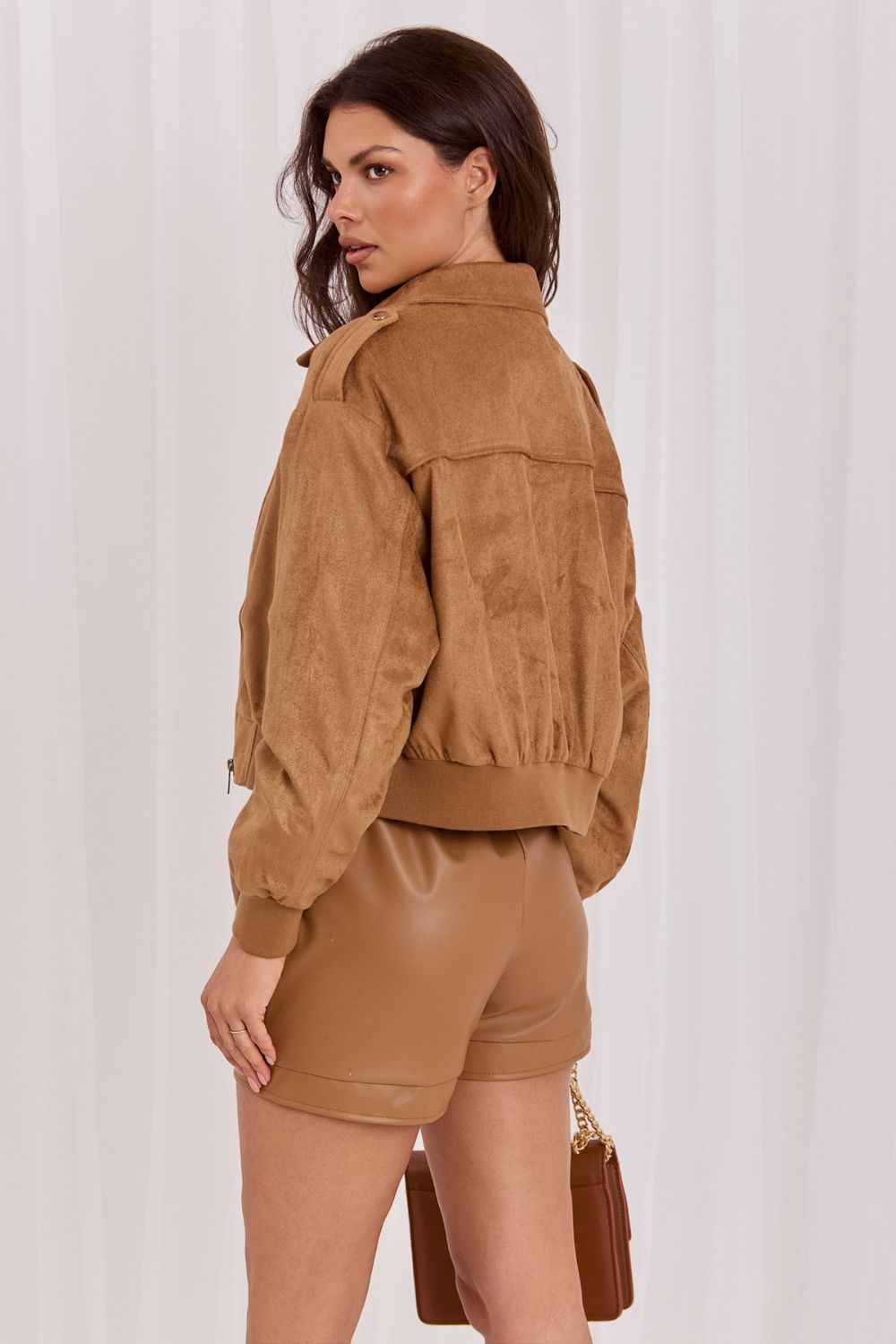 Italy Moda Camel Collared Suede Zip Up Jacket - view 3
