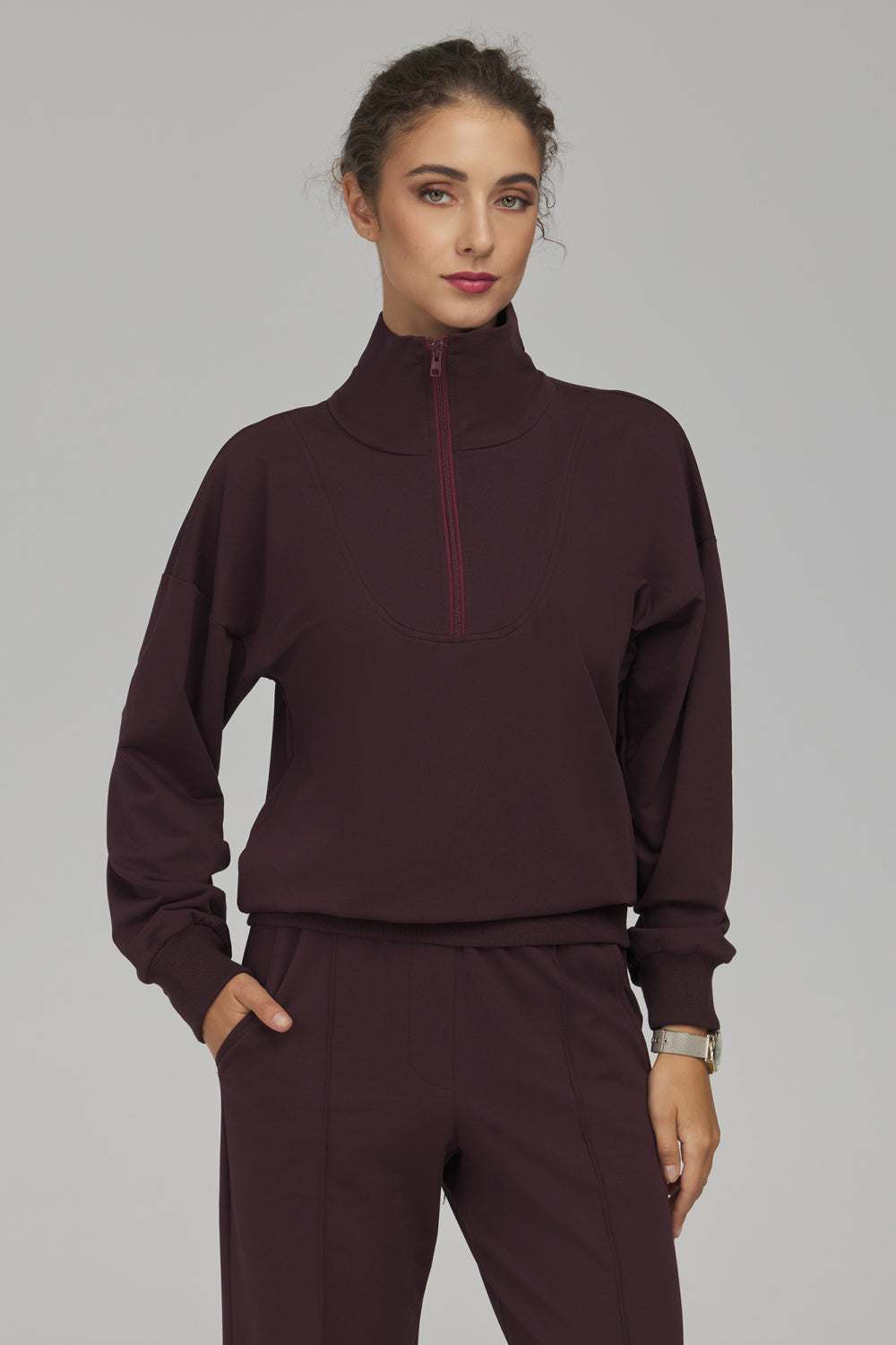 Nife Plum Long Sleeve Cotton Sweatshirt