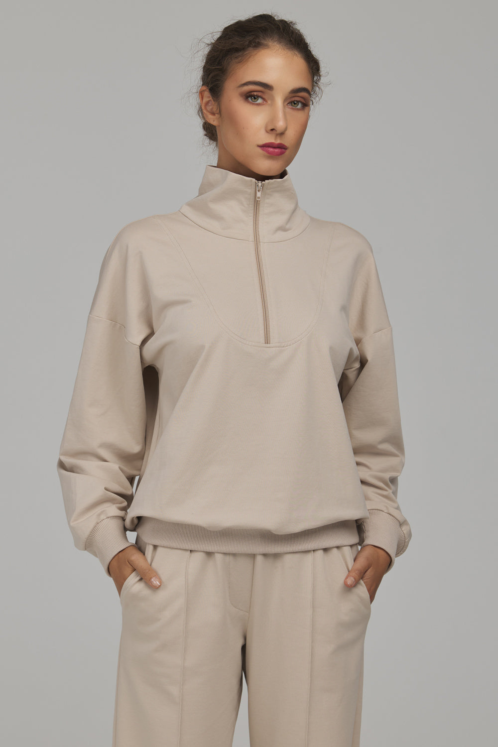 Nife Beige Long Sleeve Cotton Sweatshirt