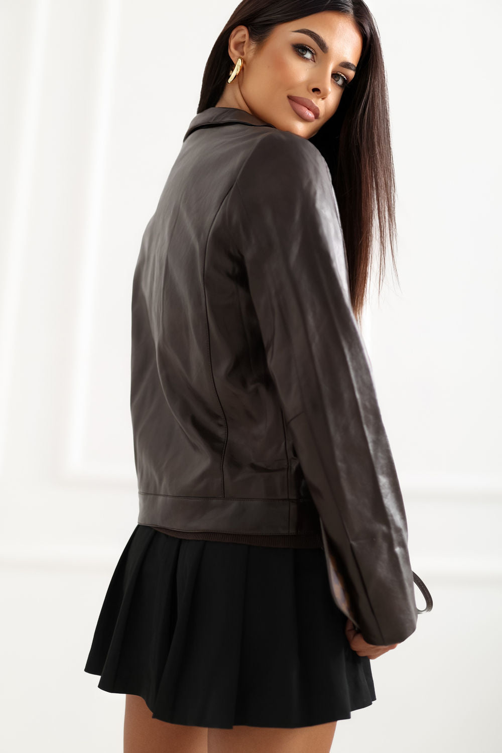 Italy Moda Dark Brown Faux Leather Zip Up Jacket - view 3