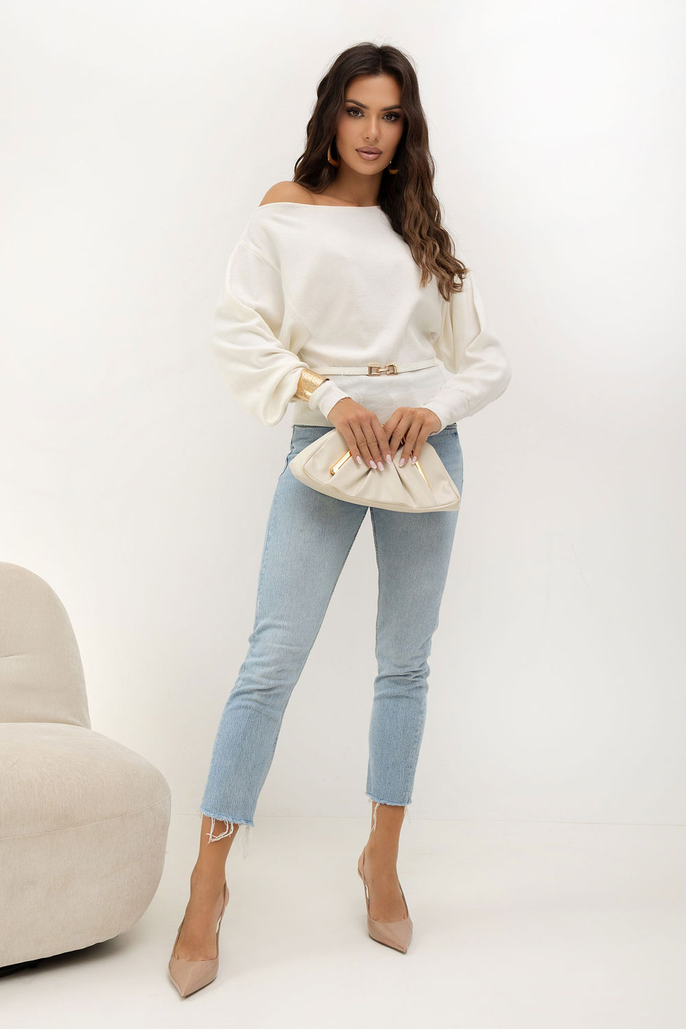 Italy Moda Ecru Viscose Long Sleeve Jumper - view 2