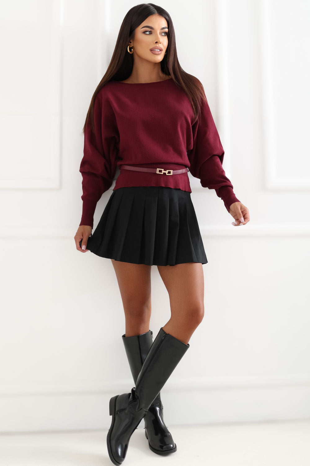 Italy Moda Burgundy Boat Neck Long Sleeve Jumper - view 2