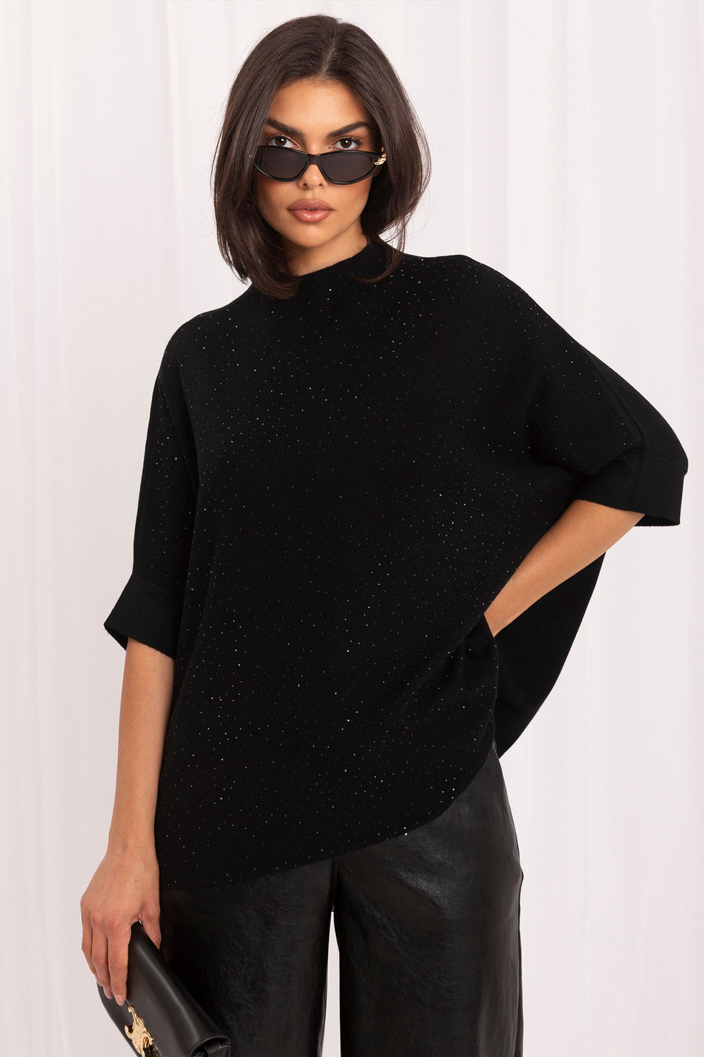 Italy Moda Black Roll Neck Oversized Short Sleeve Jumper