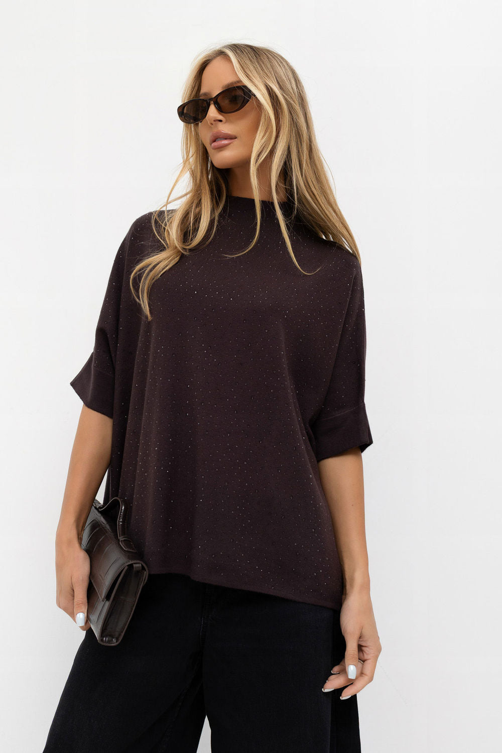 Italy Moda Dark Brown Oversized Short Sleeve Jumper