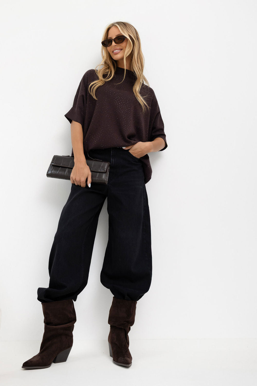Italy Moda Dark Brown Oversized Short Sleeve Jumper - view 2