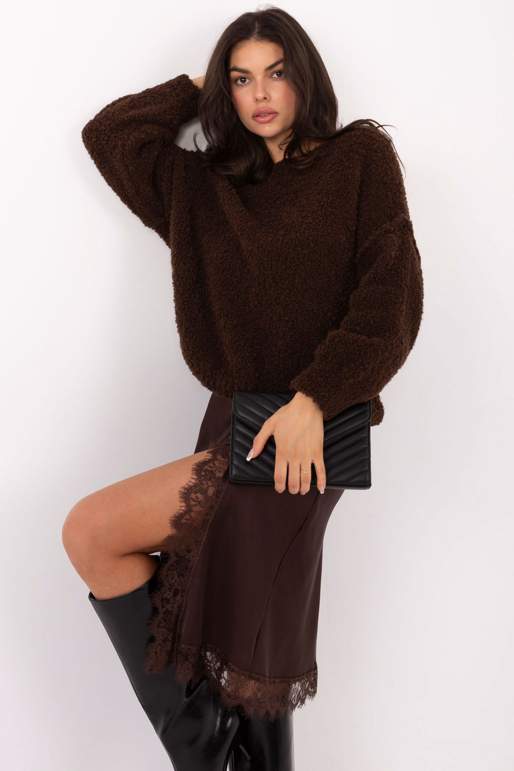 Italy Moda Dark Brown Round Neck Long Sleeve Jumper