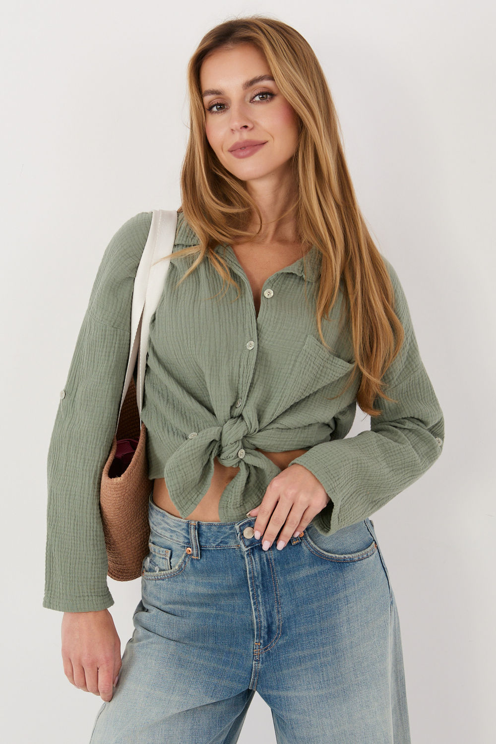 Italy Moda Khaki Cotton Long Sleeve Top