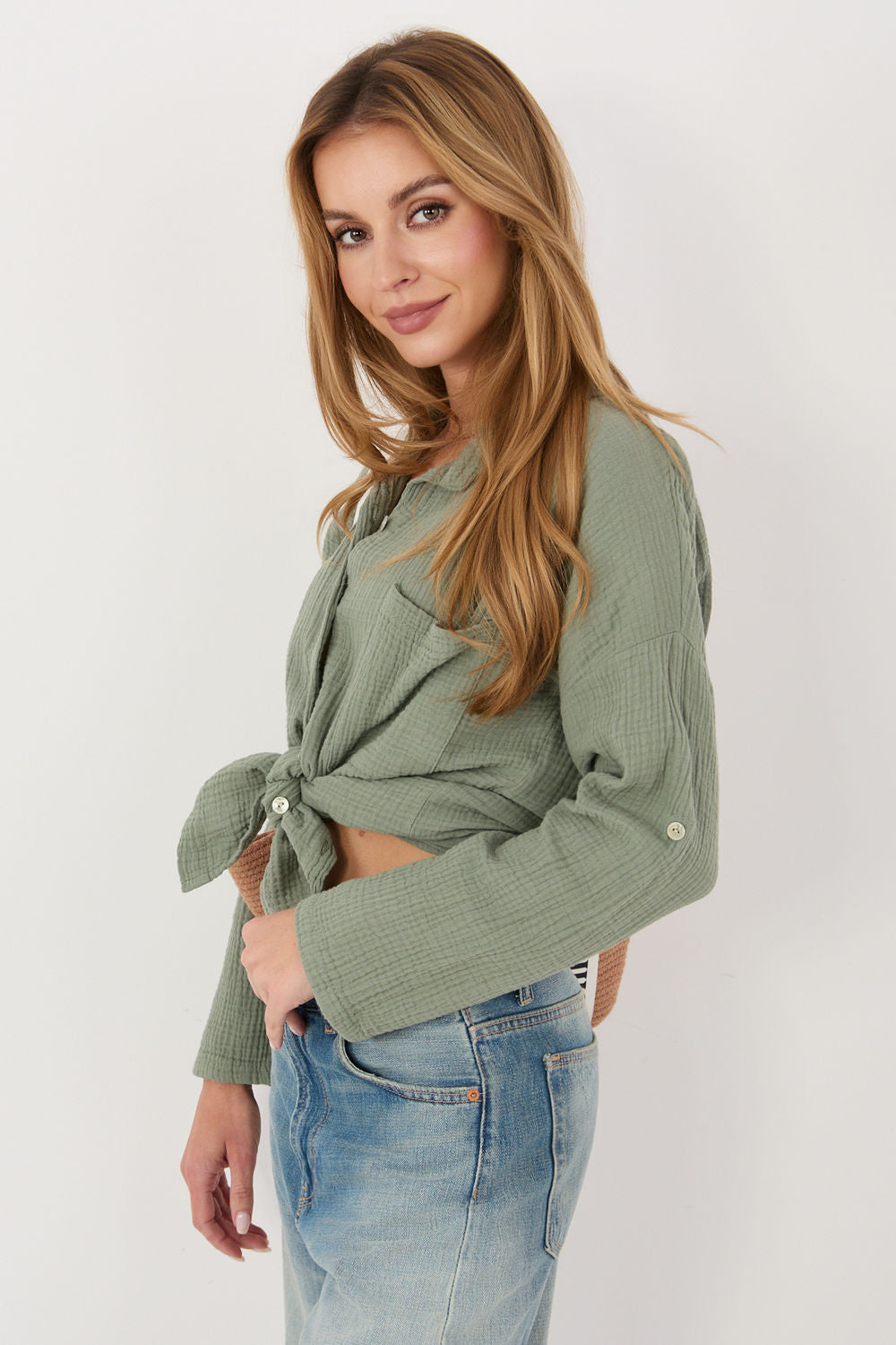 Italy Moda Khaki Cotton Long Sleeve Top - view 2