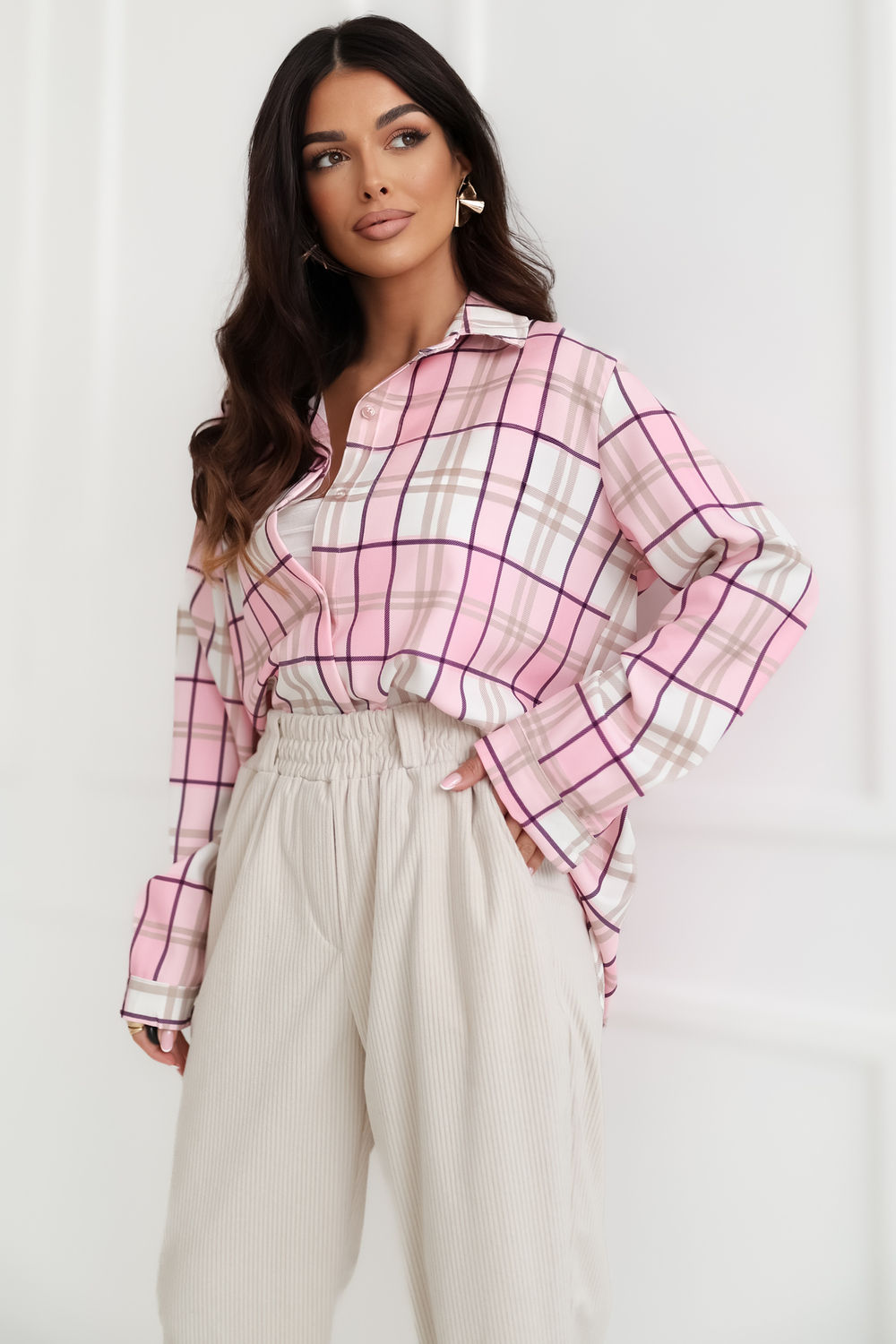 Italy Moda Light Pink Collared Long Sleeve Top