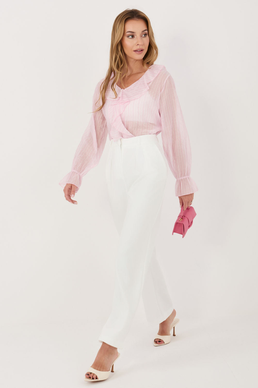 Italy Moda Light Pink Striped V-Neck Blouse - view 2