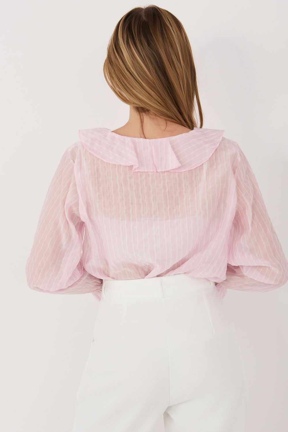 Italy Moda Light Pink Striped V-Neck Blouse - view 3