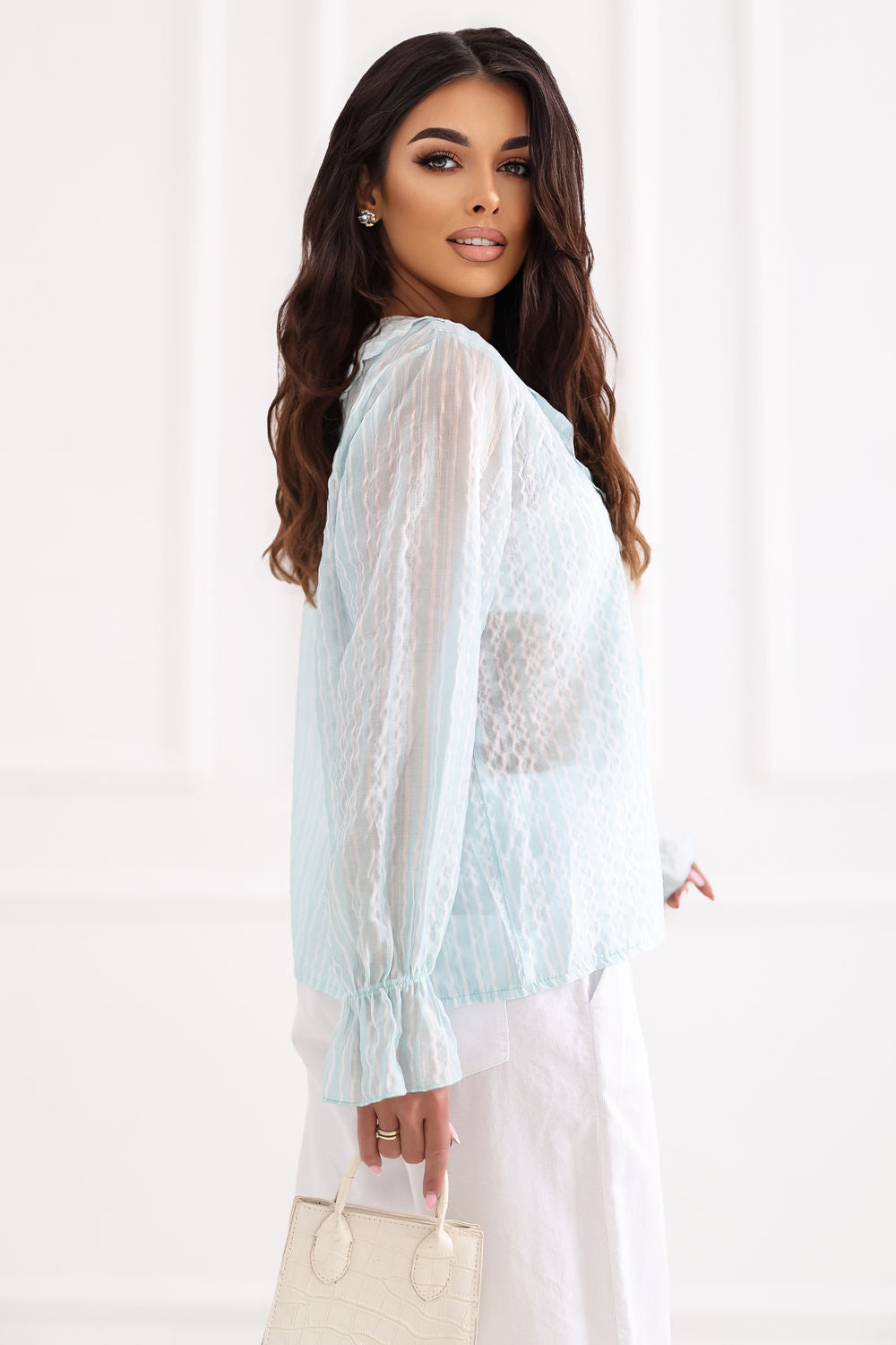 Italy Moda Mint Striped V-Neck Blouse - view 3