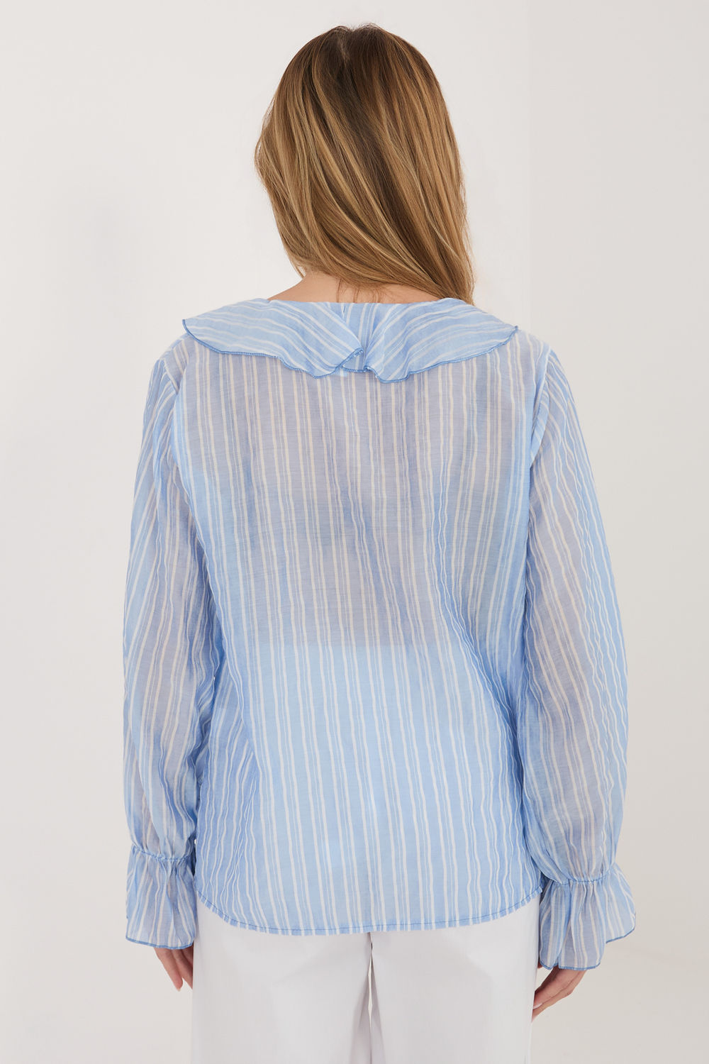 Italy Moda Light Blue Striped V-Neck Blouse - view 3