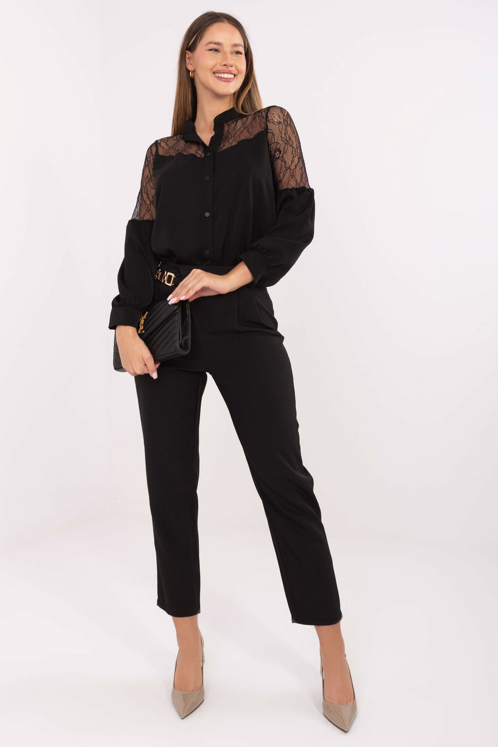 Italy Moda Black Stand Collar Lace Long Sleeve Top