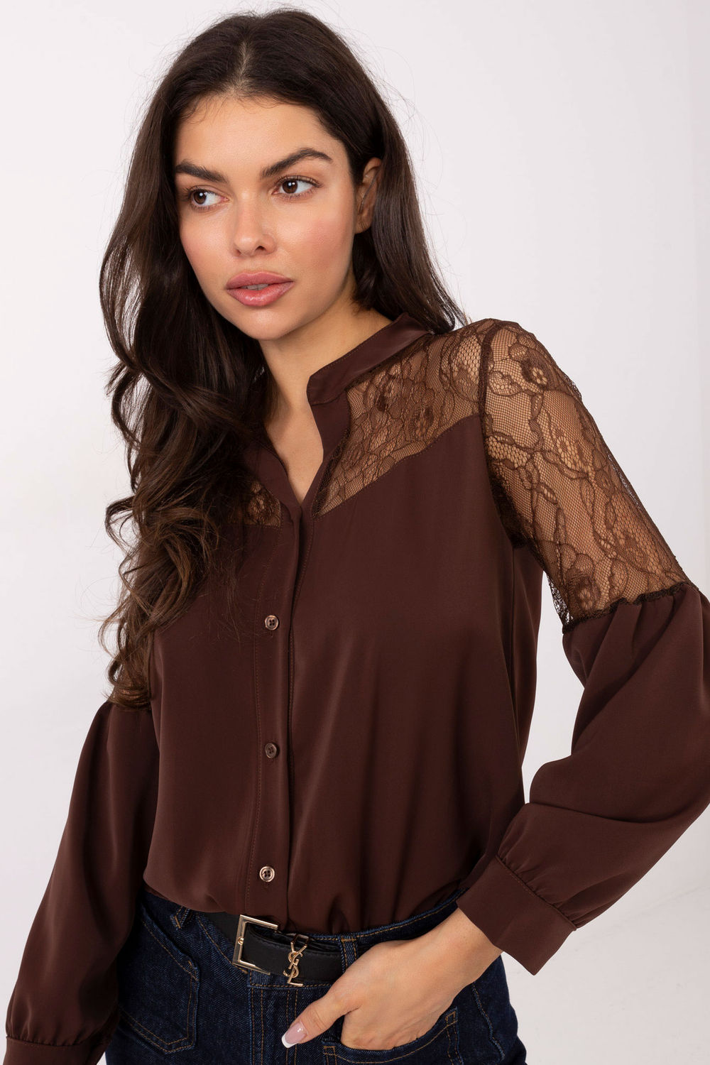 Italy Moda Brown Lace Long Sleeve Top