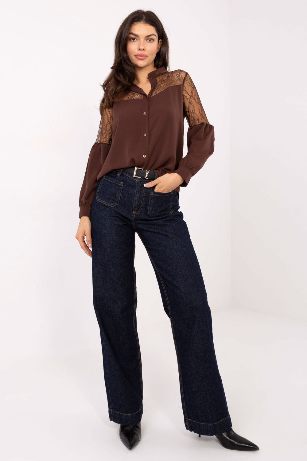 Italy Moda Brown Lace Long Sleeve Top - view 2