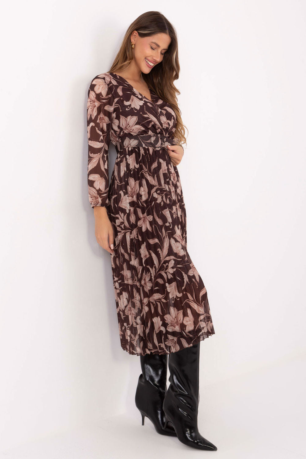 Italy Moda Brown Midi Floral Wrap Long Sleeve Dress - view 2