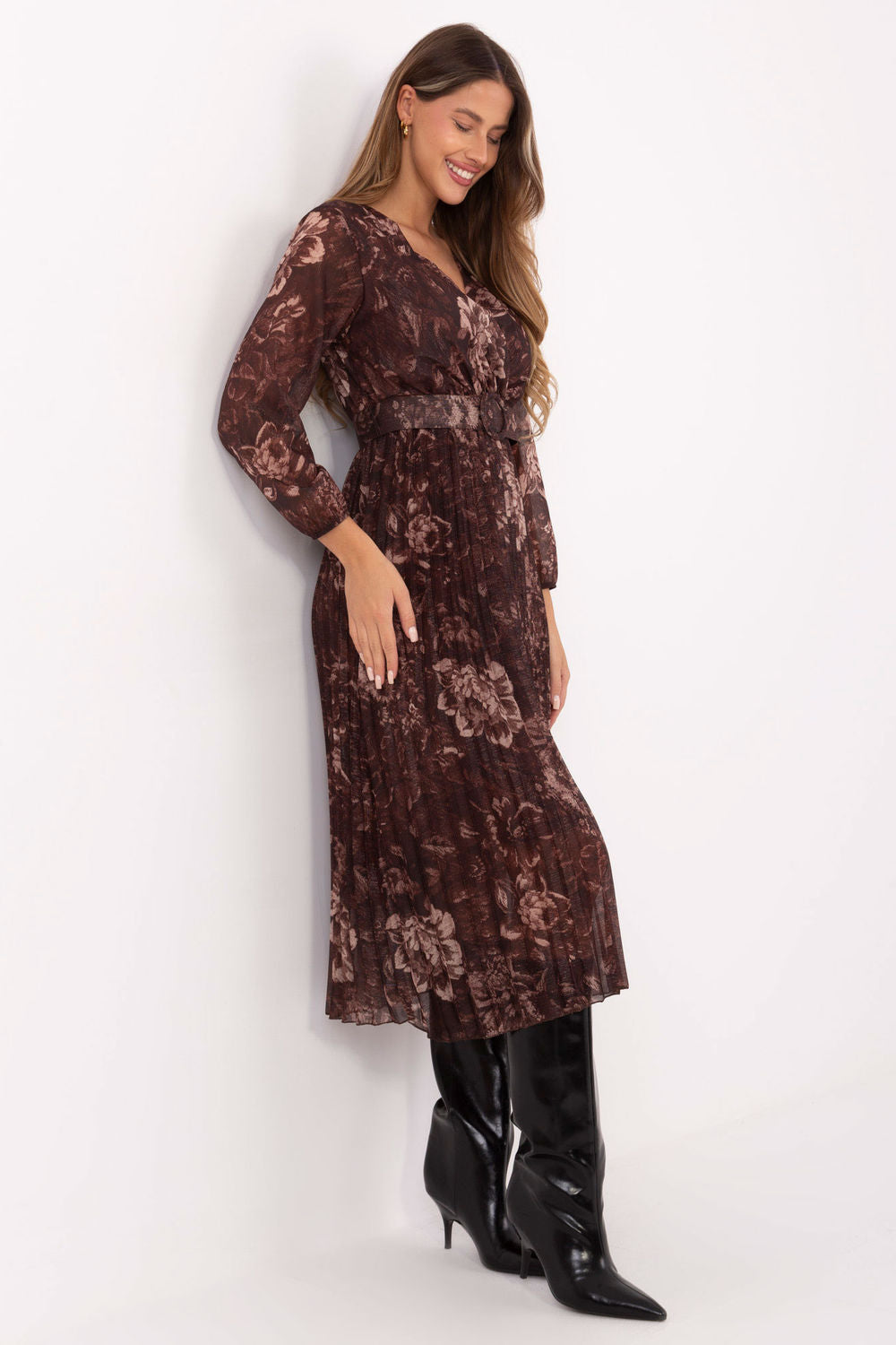 Italy Moda Brown Midi Floral Wrap Dress - view 2