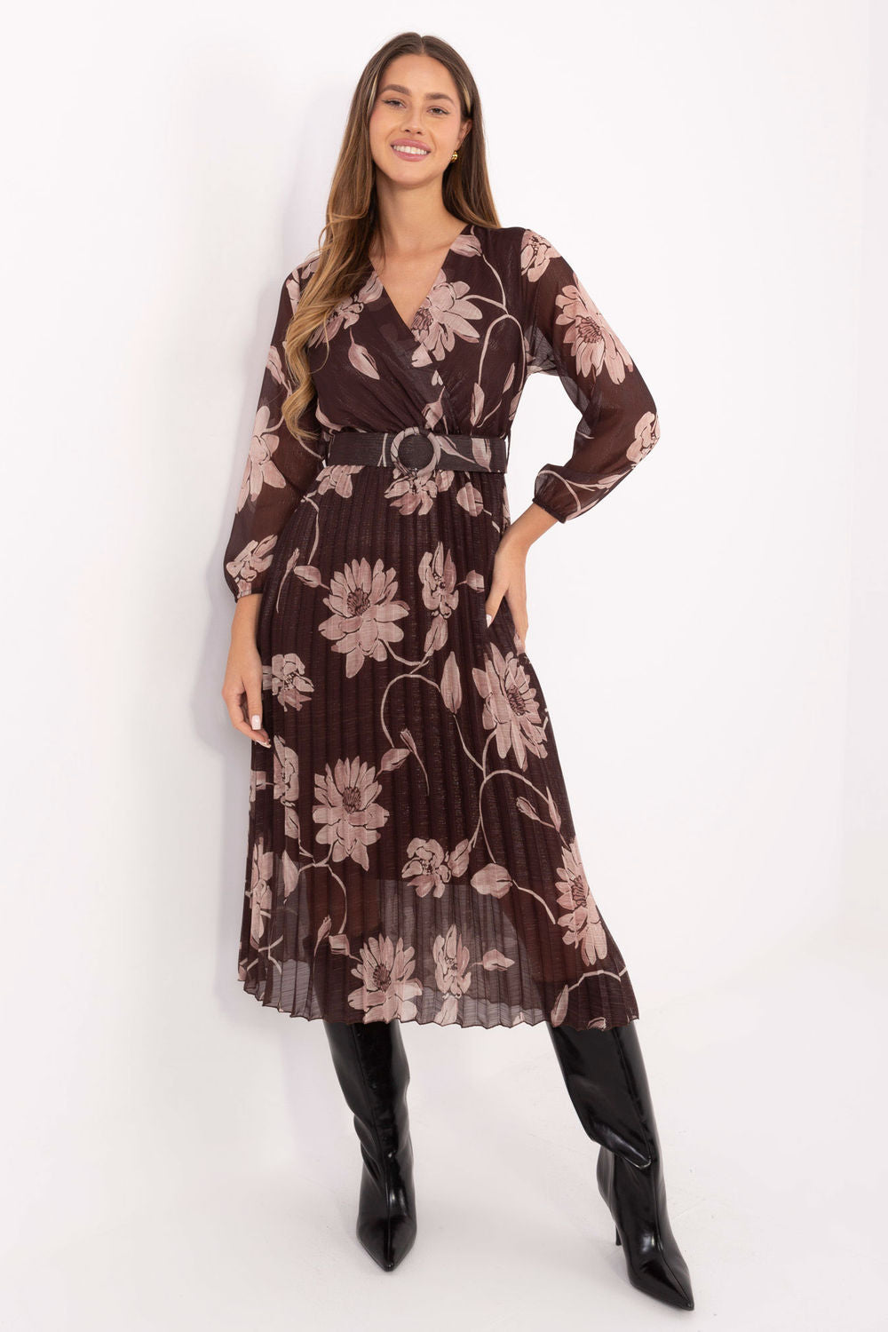 Italy Moda Brown Midi Floral Dress with Belt