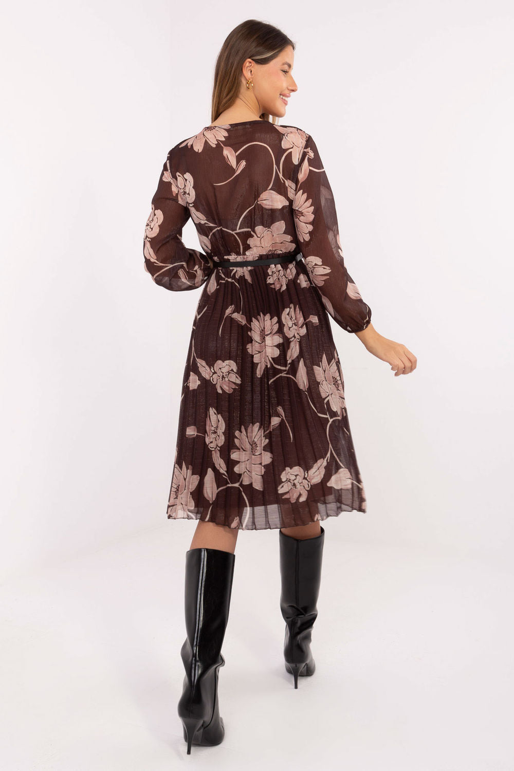 Italy Moda Brown Polyester Midi Floral Dress - view 3
