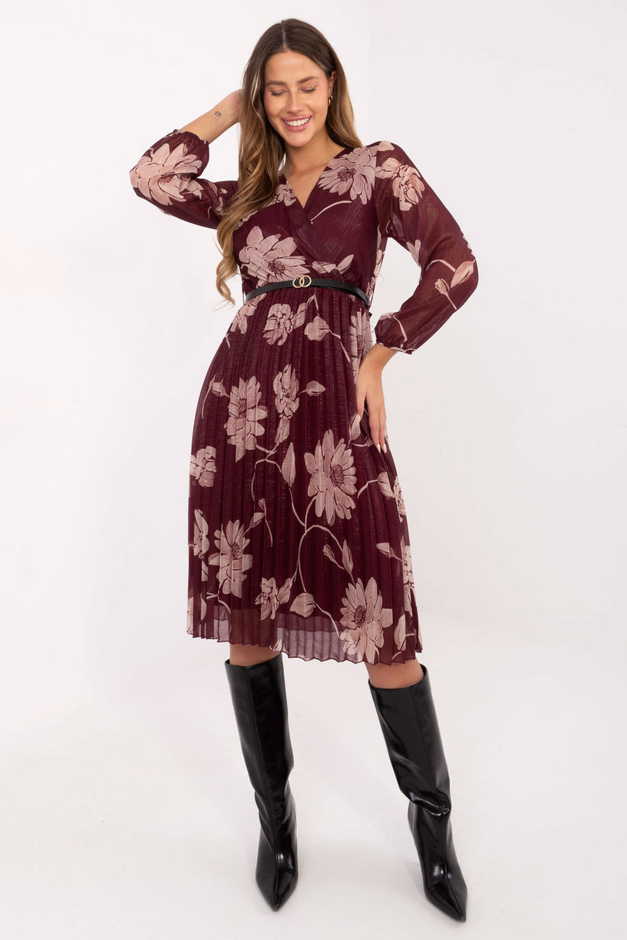 Italy Moda Burgundy Midi Floral Wrap Long Sleeve Dress