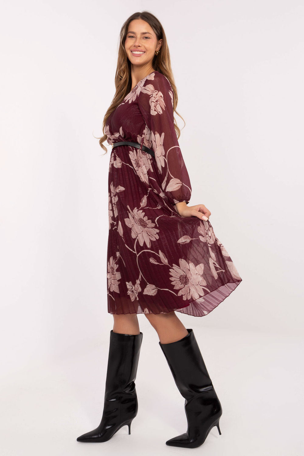 Italy Moda Burgundy Midi Floral Wrap Long Sleeve Dress - view 2