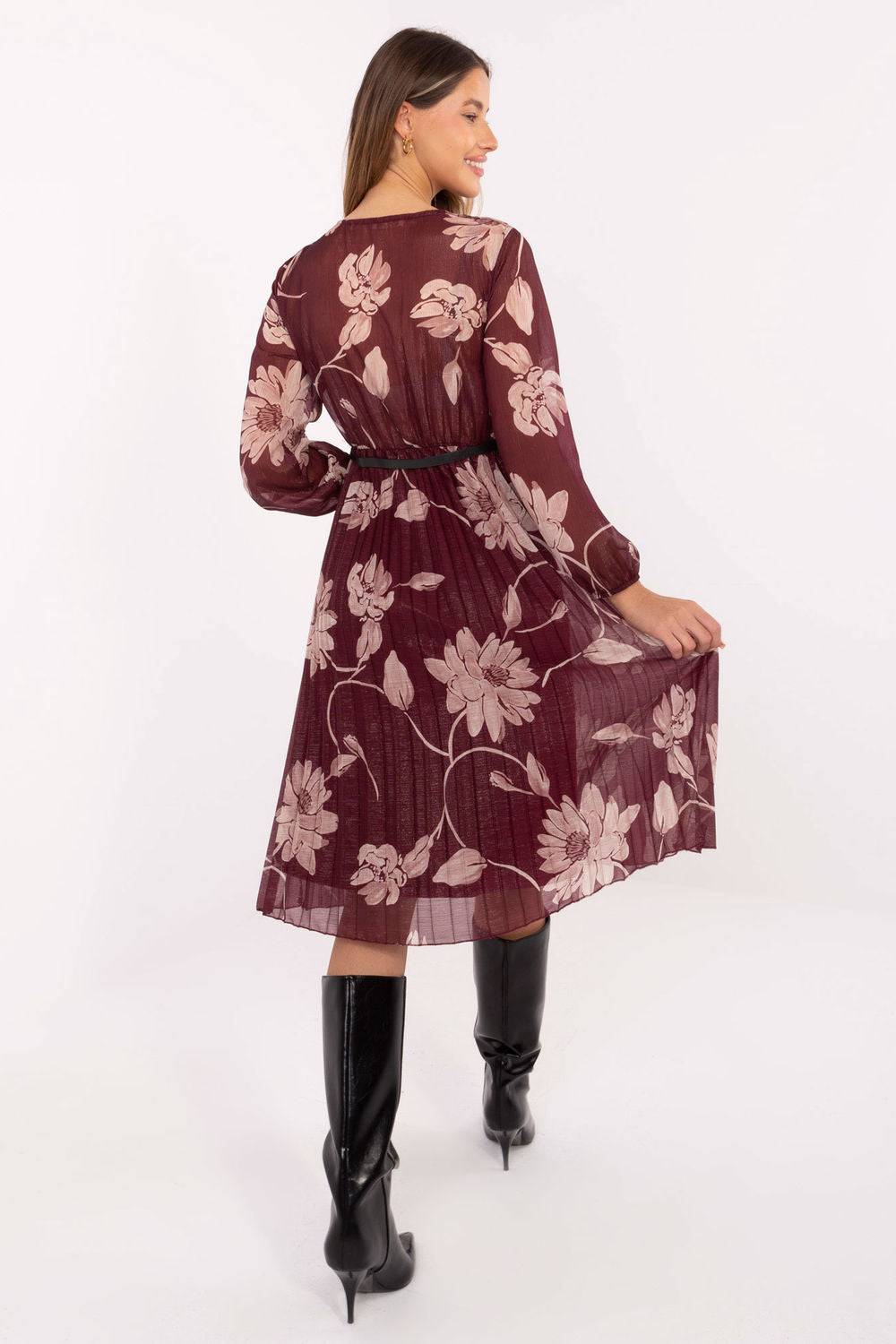 Italy Moda Burgundy Midi Floral Wrap Long Sleeve Dress - view 3