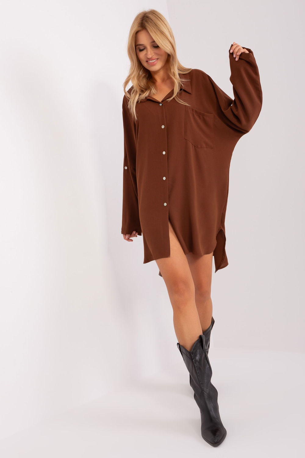 Italy Moda Brown Asymmetric Long Sleeve Dress