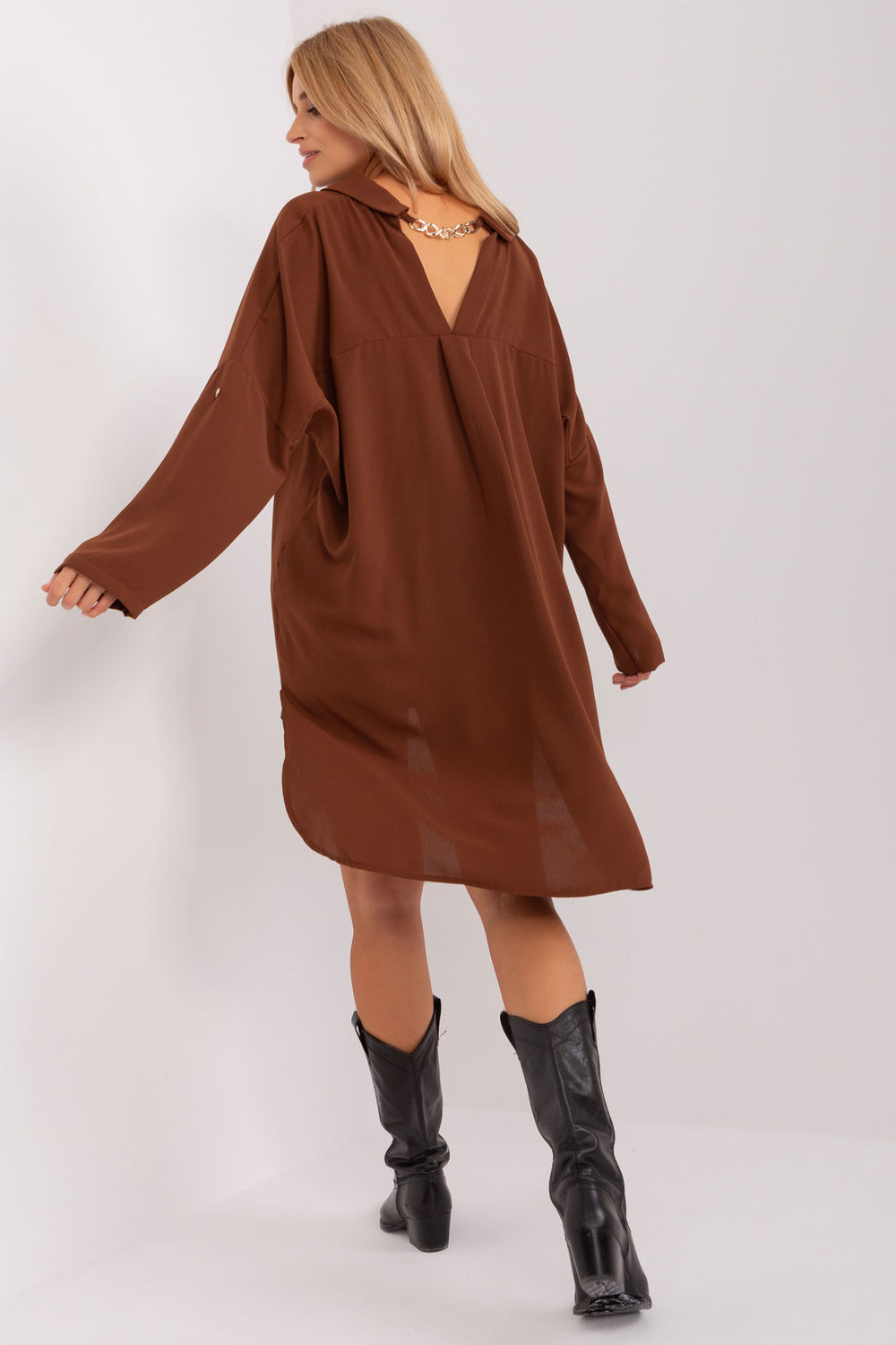 Italy Moda Brown Asymmetric Long Sleeve Dress - view 3