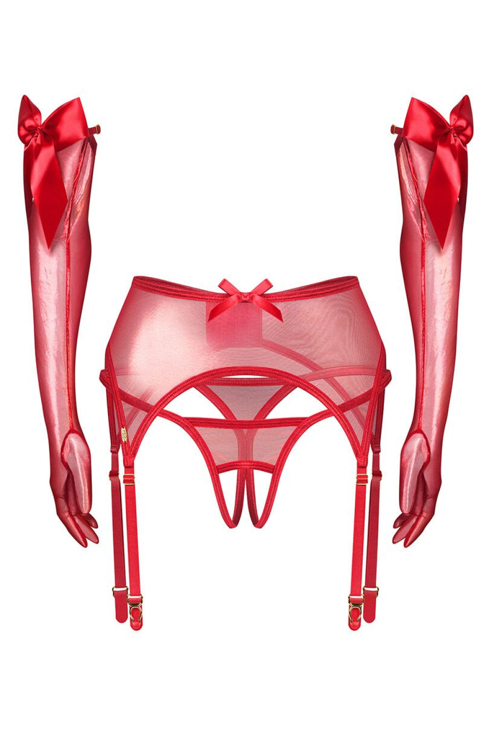 Obsessive Gifty Rekawiczki Red Satin Crotchless Sexy Lingerie Set - view 2