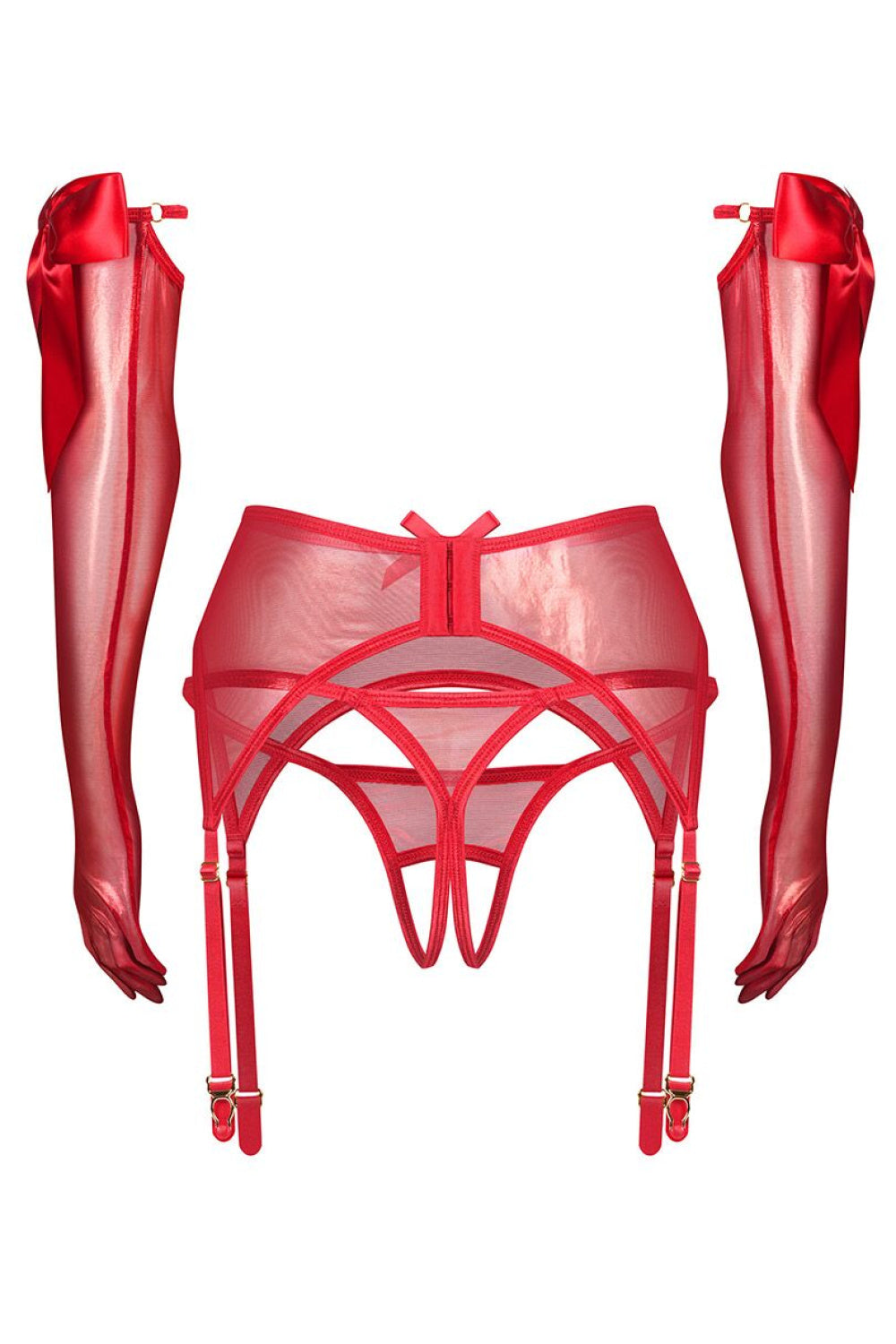 Obsessive Gifty Rekawiczki Red Satin Crotchless Sexy Lingerie Set - view 4
