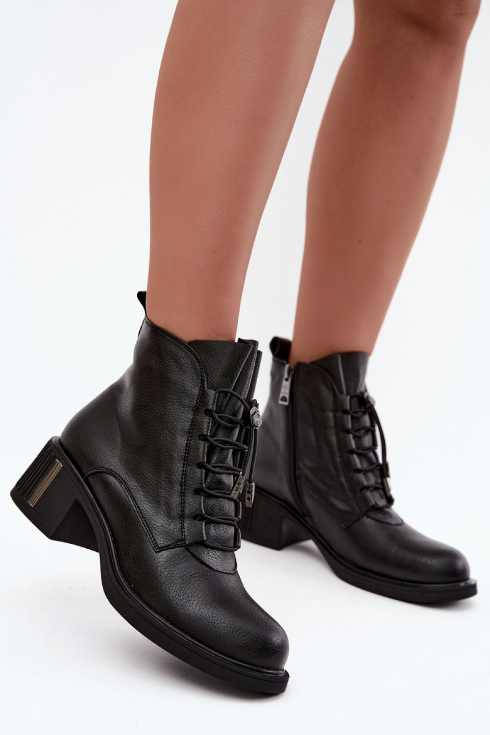 Step In Style Vinceza Black Leather Block Heel Heeled Ankle Boots with Drawstring