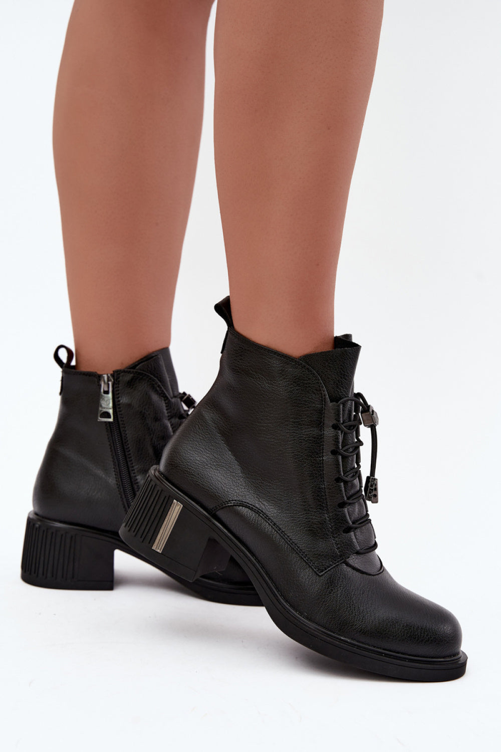 Step In Style Vinceza Black Leather Block Heel Heeled Ankle Boots with Drawstring - view 3