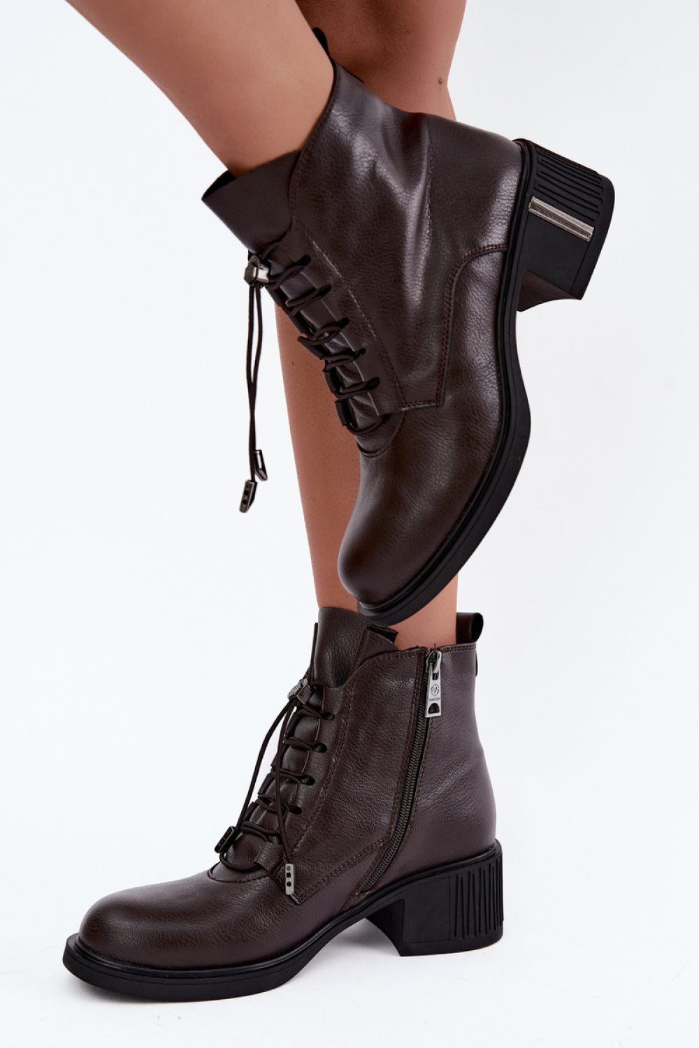 Step In Style Chocolate Leather Block Heel Heeled Ankle Boots