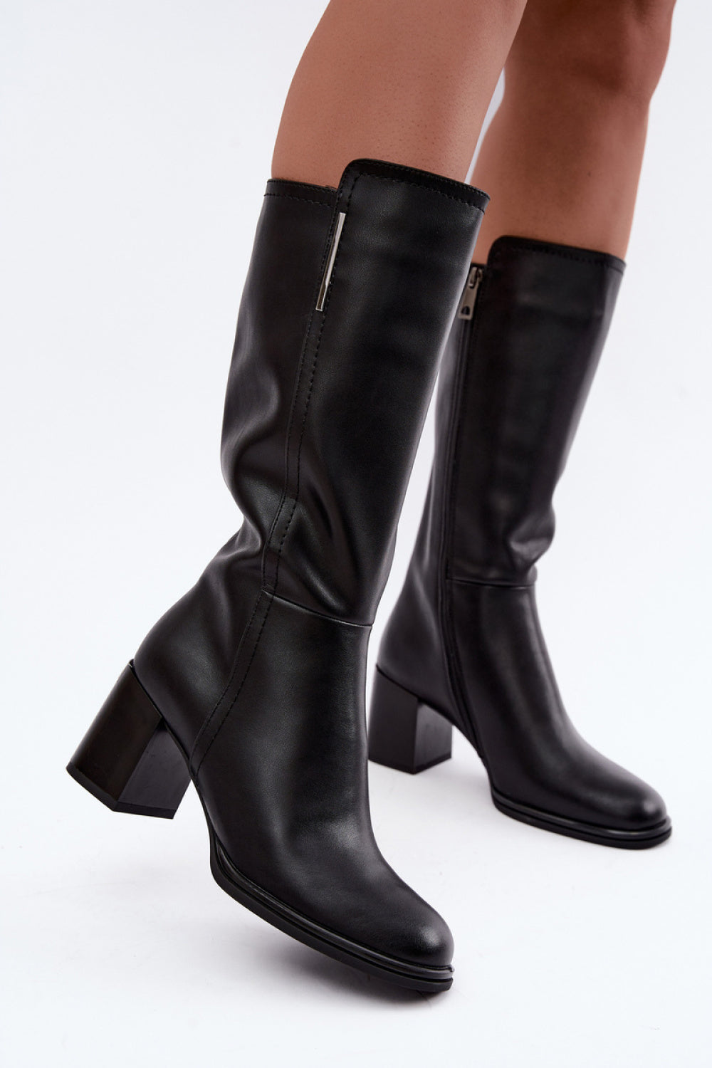 Step In Style Vinceza Black Leather Block Heel Warm Lined Heeled Ankle Boots