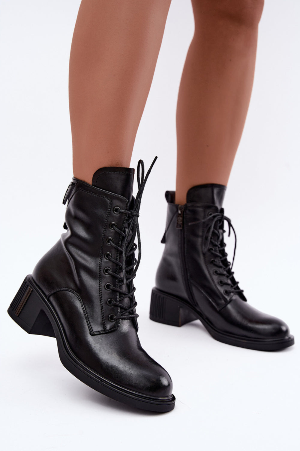 Step In Style Vinceza Black Leather Block Heel Heeled Ankle Boots