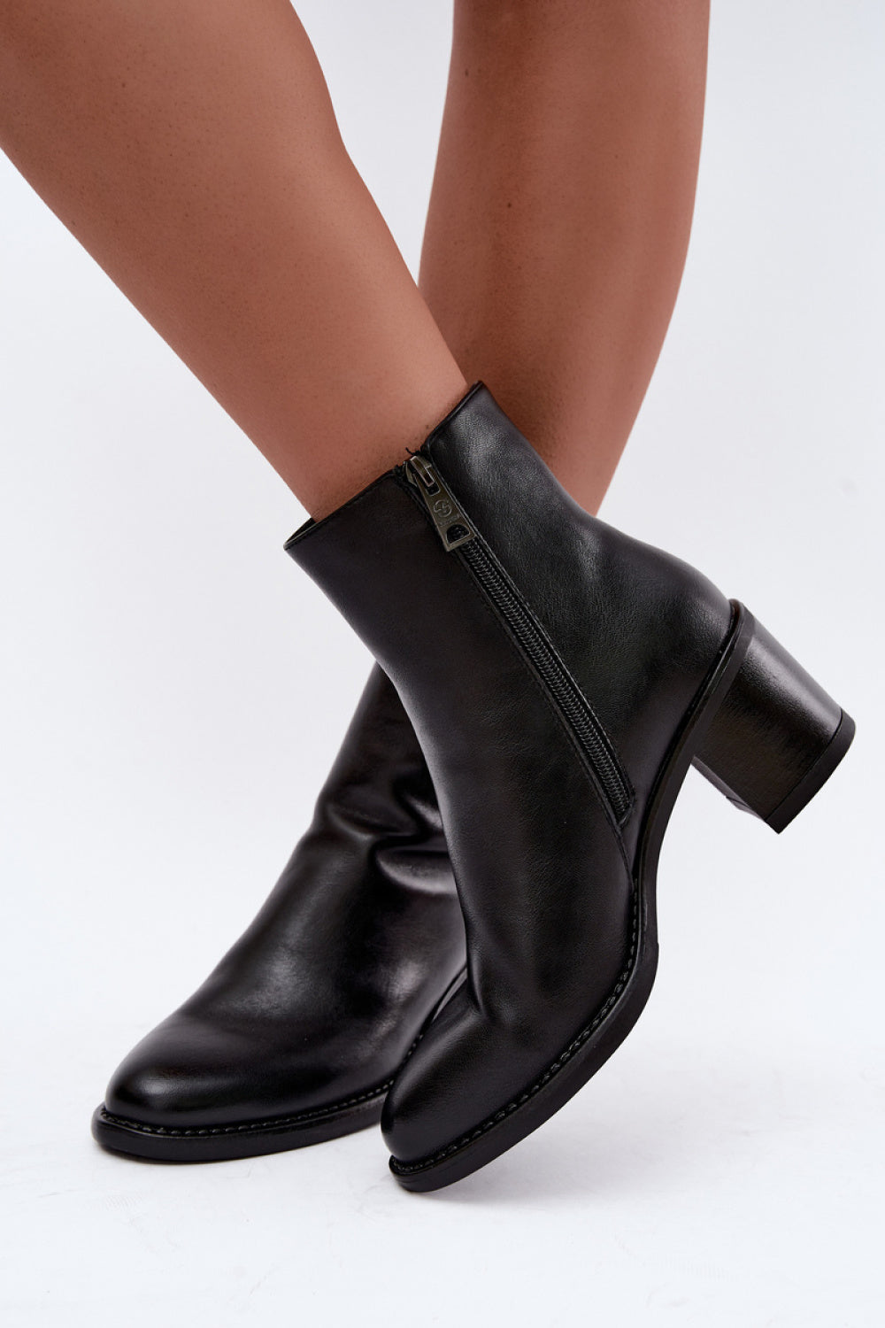 Step In Style Vinceza Black Faux Leather Block Heel Heeled Ankle Boots