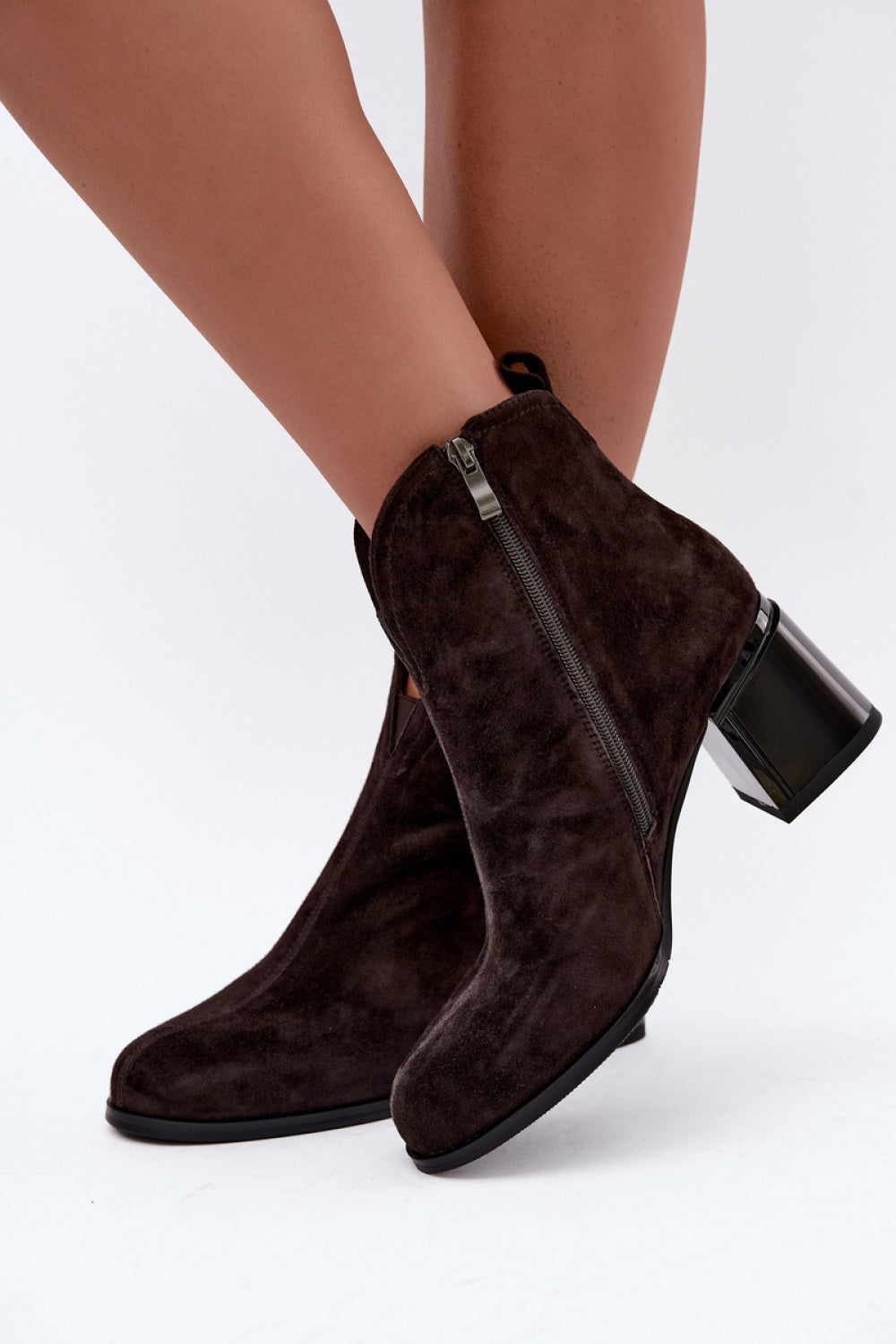 Step In Style Vinceza Chocolate Suede Block Heel Heeled Ankle Boots with Zip