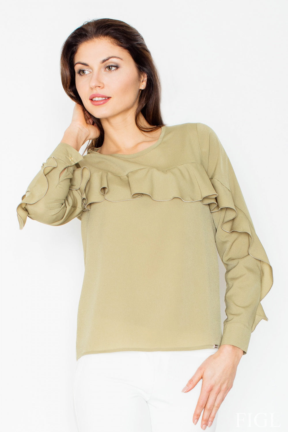 Figl Green Long Sleeve Blouse with Ruffles