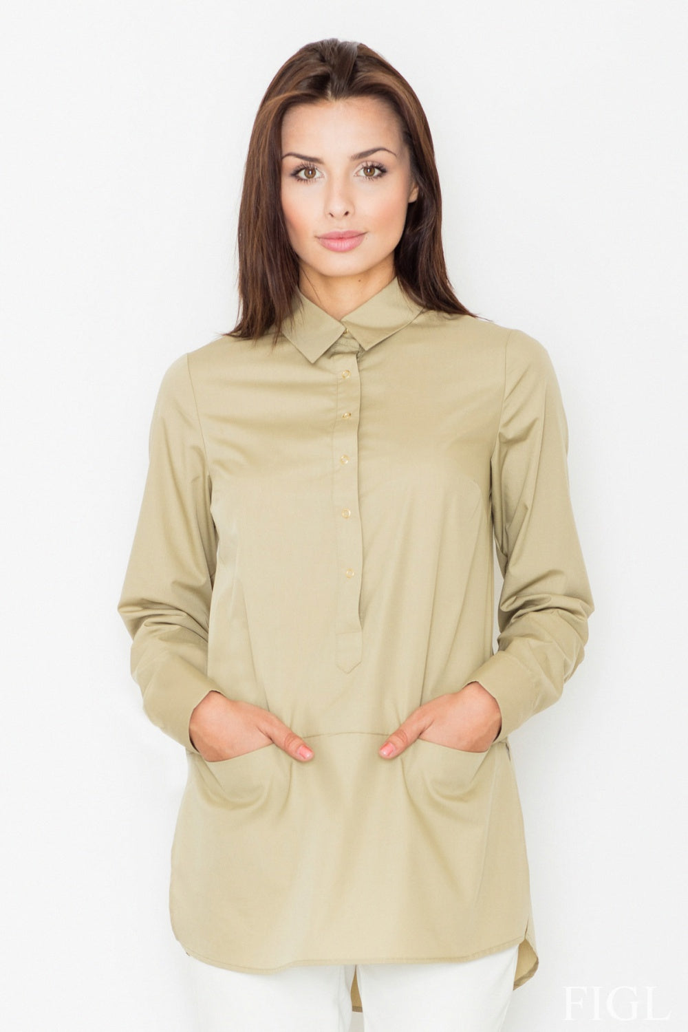Figl Green Long Sleeve Cotton Blouse with Buttons