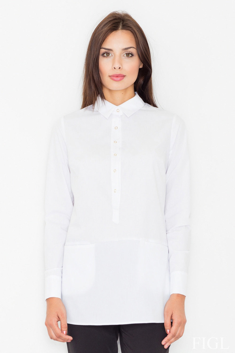 Figl White Long Sleeve Cotton Blouse with Buttons
