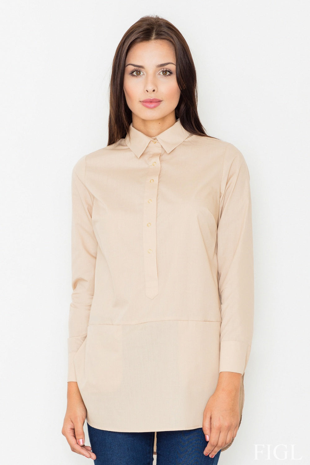 Figl Beige Long Sleeve Cotton Blouse with Buttons