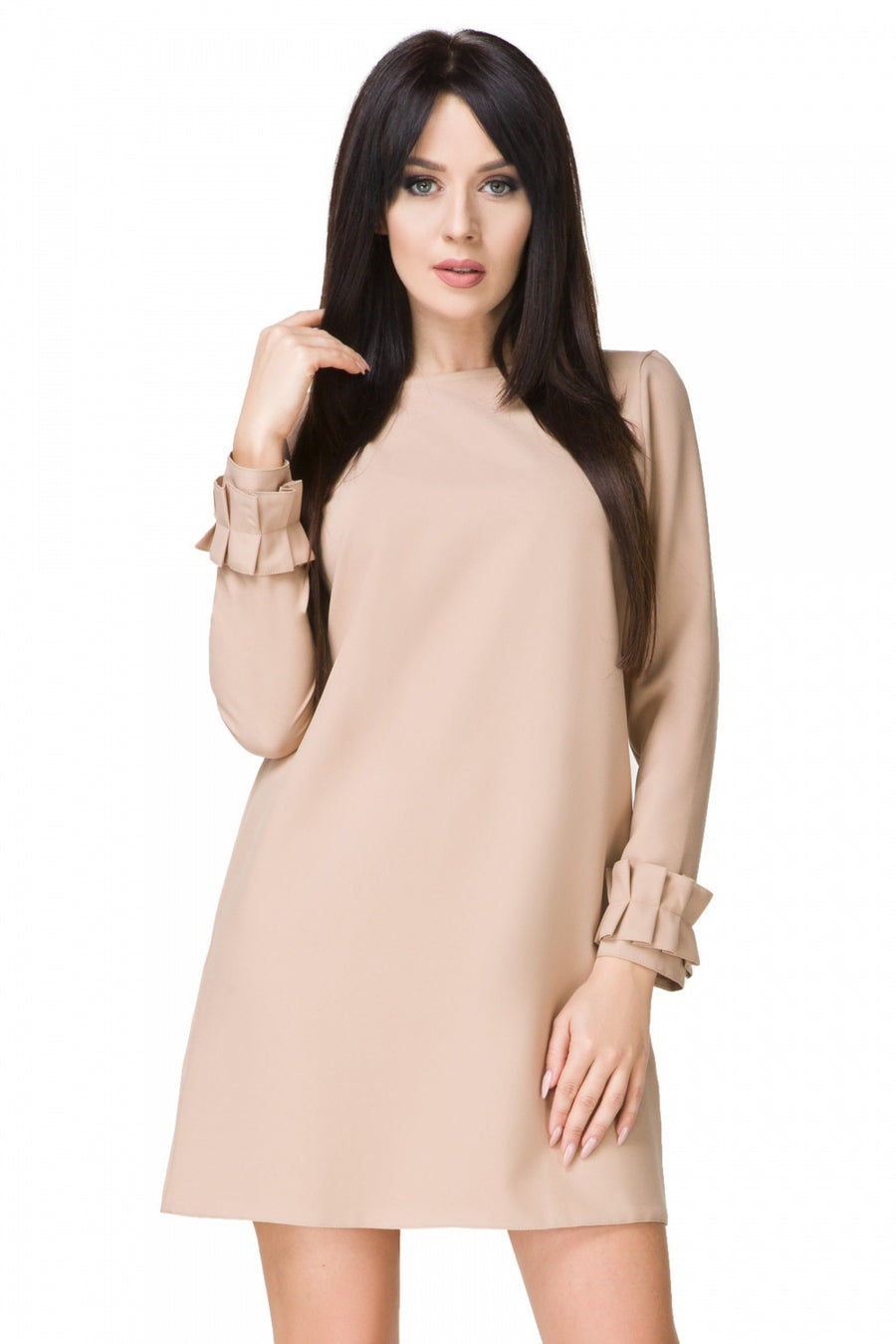 Tessita Beige Mini A-Line Long Sleeve Cocktail Dress
