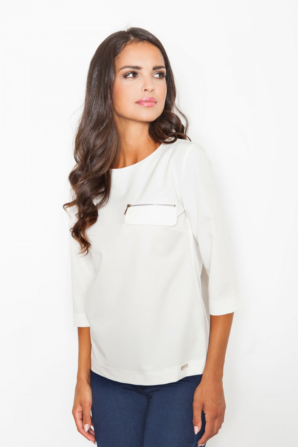 Figl Ecru Boat Neck Loose Fit Blouse
