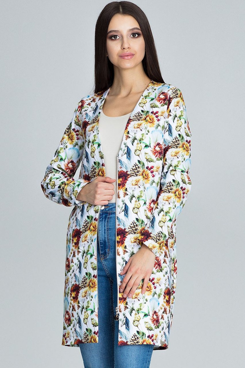 Figl Patterned Floral Zip Up Jacket with Pockets
