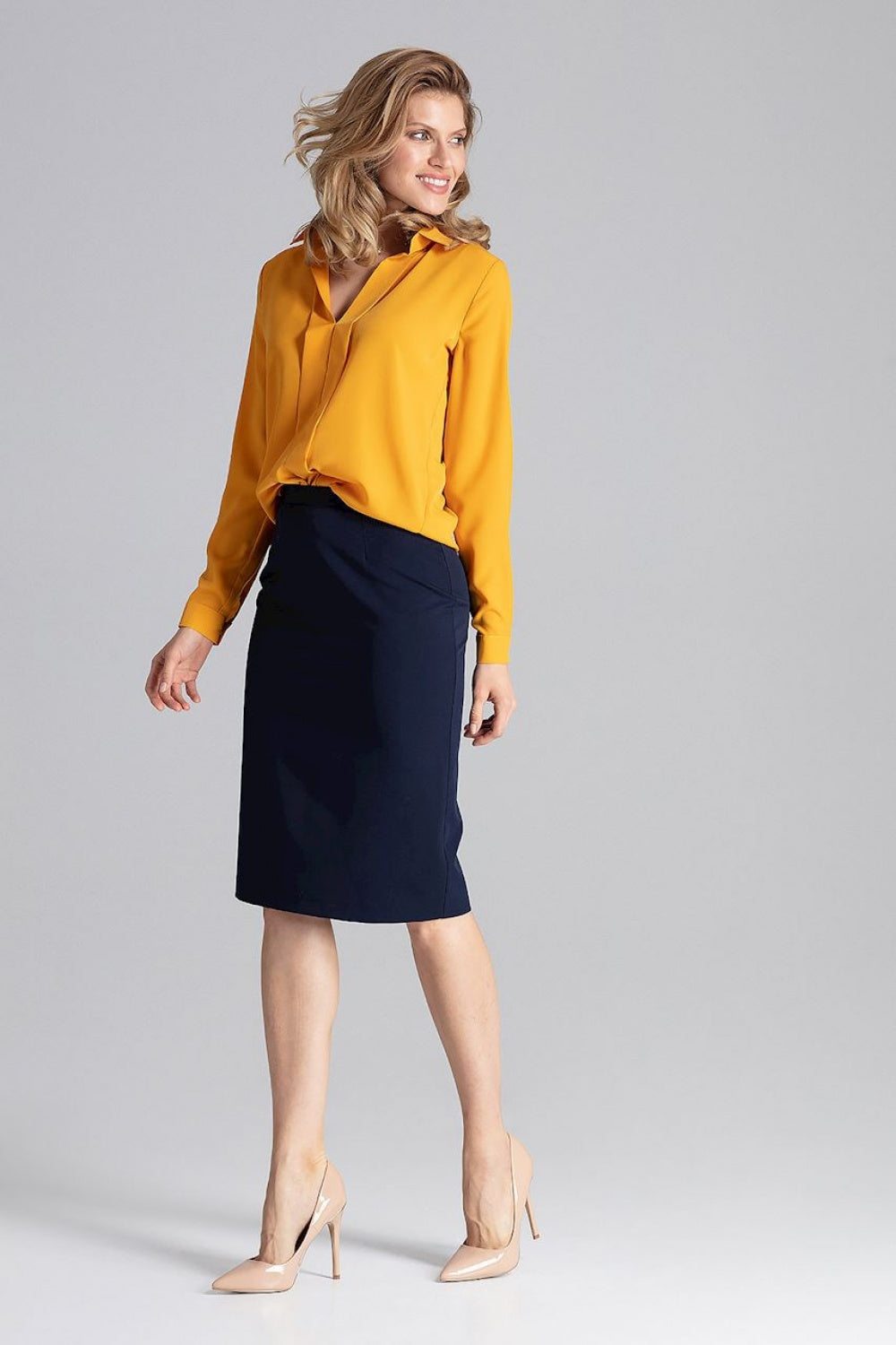 Figl Mustard Collared Pleated Long Sleeve Blouse