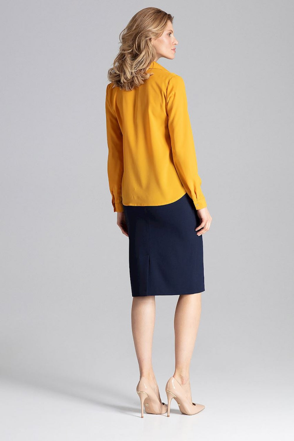Figl Mustard Collared Pleated Long Sleeve Blouse - view 2