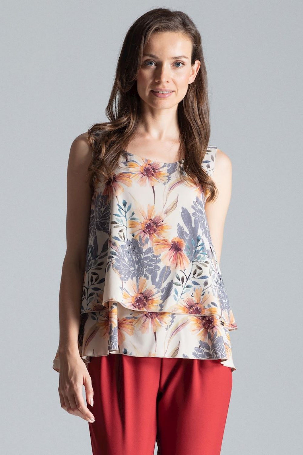 Figl Patterned Round Neck Flared Sleeveless Blouse